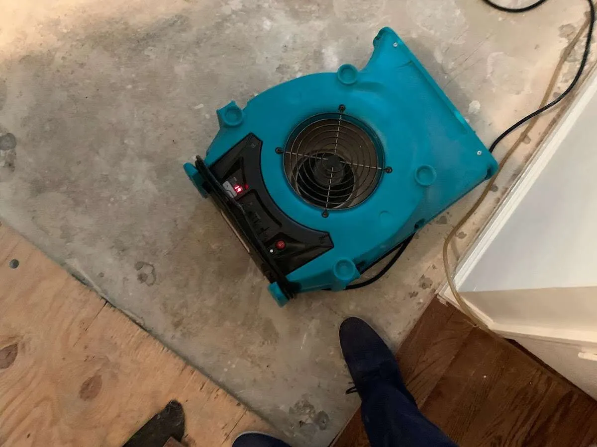 Air mover drying subfloor during Leak Detection & Repair in University Park